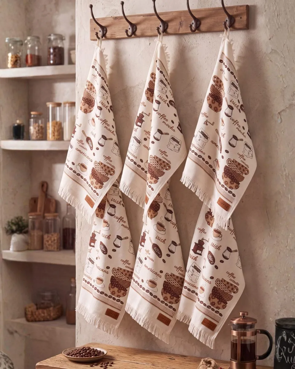 Coffee 6'lı Pamuk Kadife Mutfak Havlusu Seti – 45×65 cm Krem küçük görsel 2